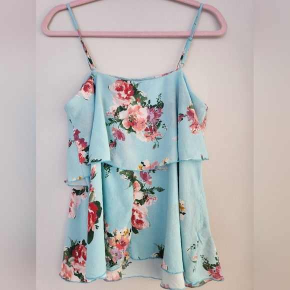Peach Love California Blue Floral Frill Tank Top Spaghetti Straps Medium NWOT - Picture 5 of 8